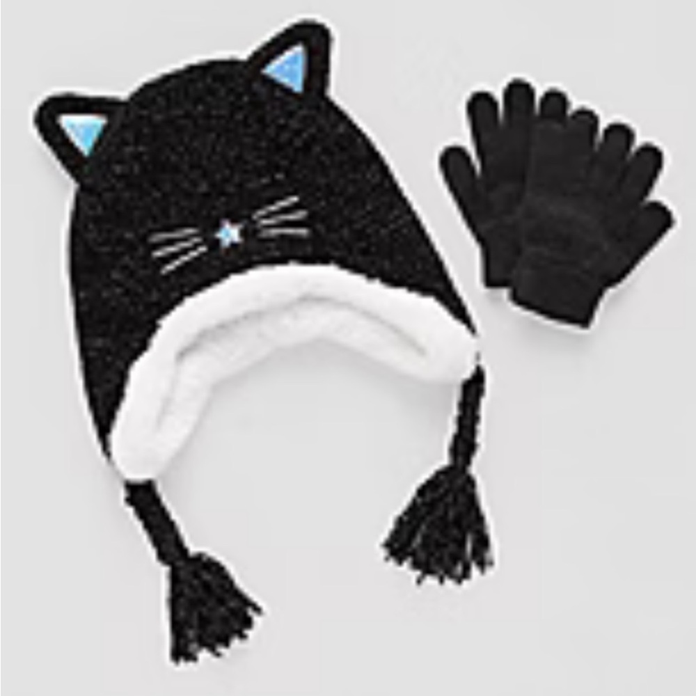 Cozy Black and White Kids Winter Hat and Gloves Set with Faux Fur